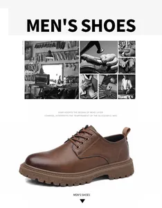 Close-up detail of classic brown leather men's derby shoe with a durable thick lug sole