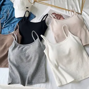 Women's Ribbed Cotton Camisole With Fixed Latex Pads Wireless Seamless Short Tank Top Beauty Back Innerwear