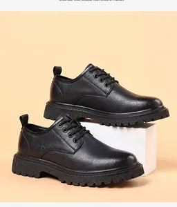 Classic black men's thick sole leather casual shoes with round toe and durable lug sole