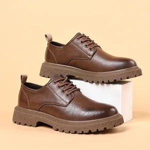 Men Platform Work Shoes Retro Round Toe Casual Leather Shoes British Style Fleece Lined Thick Sole Non-Slip Derby Shoes