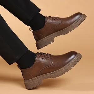 Men's brown retro thick sole leather shoes with round toe for casual work wear.