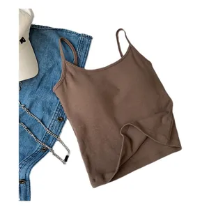 Ribbed cotton camisole tank top with built-in latex pads, wire-free and cropped