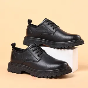 Classic black men's thick-sole worker shoes with rugged platform and round toe design