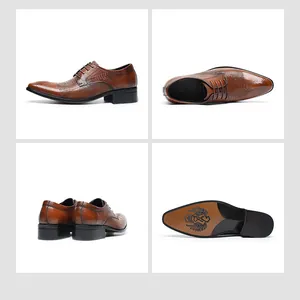 Viste dettagliate multi-angolo di scarpe eleganti da uomo in pelle marrone coccodrillo.