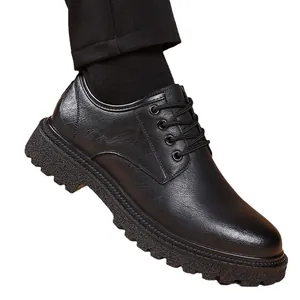 Elegant men's black thick-sole leather derby shoes with a round toe and rugged lugged sole
