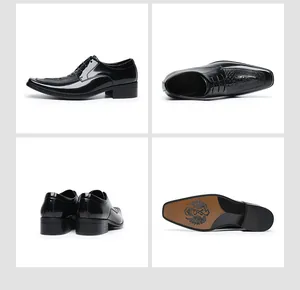 Vues détaillées de chaussures Derby en cuir verni noir avec une texture crocodile.