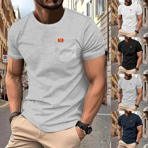 Detailed view of men's casual solid color t-shirt with pocket in multiple colors.