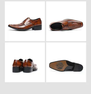 Vues détaillées sous plusieurs angles de chaussures Derby en cuir marron avec motif crocodile