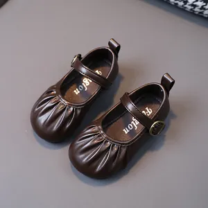 Zapatos Mary Jane de cuero marrón para niña con volantes y suela blanda antideslizante