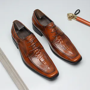 Chaussures Derby Italiennes pour Hommes en Cuir de Vache Véritable à Motif Crocodile Gaufré Bout Pointu Affaires Formel Chaussures Augmentation de Taille