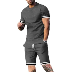 Conjunto de Dos Piezas Deportivo Casual para Hombre Camiseta de Manga Corta y Pantalones Cortos con Cordón Ribete a Rayas