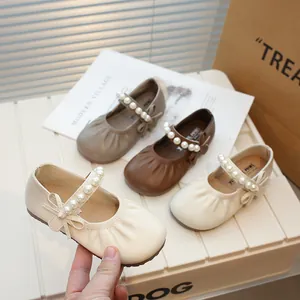 Elegant children's Mary Jane princess shoes with pearl straps and bows in multiple colors