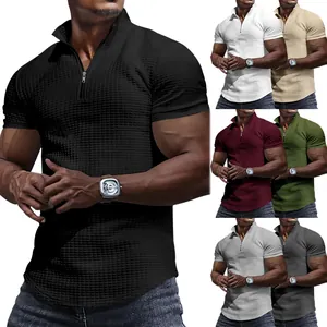 Polo casual entallado para hombre con textura de gofre y cremallera, varios colores