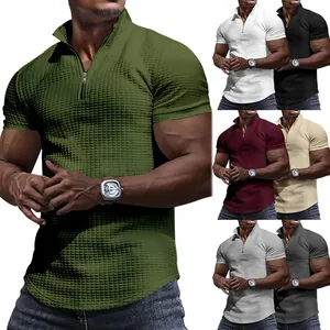 Polo de manga corta para hombre con cremallera, punto de gofre en varios colores