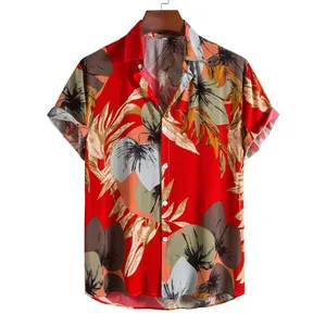 Detailed view of red Hawaiian shirt with tropical leaf print and button-down collar