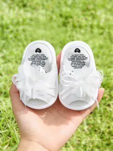 Vue rapprochée de sandales blanches pour bébé avec décorations florales en maille