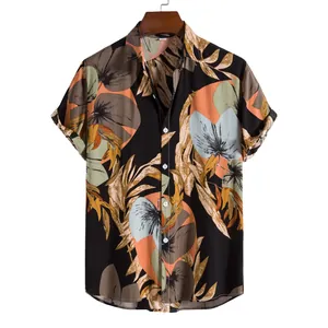 Detail of men's Hawaiian floral print short-sleeve shirt with stylish lapel collar