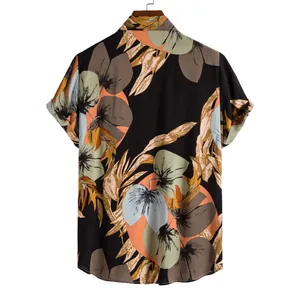 Back view of men's Hawaiian short sleeve shirt featuring tropical floral leaf print