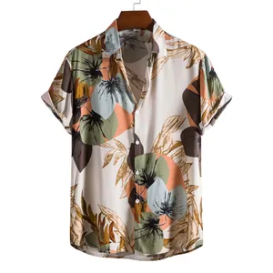 Men Hawaiian Tropical Leaf Print Short Sleeve Shirt Casual Beach Resort Lapel Button Up Polyester Top Summer Vacation