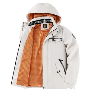 Lässige Herren-Parkajacke mit Kapuze in Beige und orangefarbenem Karofutter