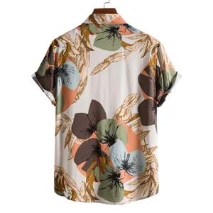 Back view of men's short-sleeve Hawaiian shirt featuring tropical floral leaf print