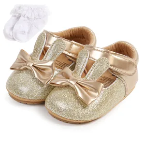 Sparkling gold glitter baby princess walking shoes with bow rabbit ears and lace socks