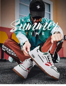 Low-angle lifestyle shot of men's white fashion skate shoes with green accents.