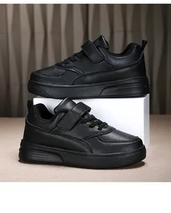 Premium black children's low-top leather sneakers for school performance and casual wear