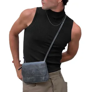 Débardeur en tricot côtelé noir ajusté à col roulé sans manches pour hommes à la mode