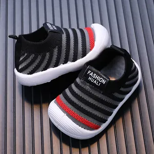 Stylish striped breathable baby flying woven toddler shoes with soft white rubber soles