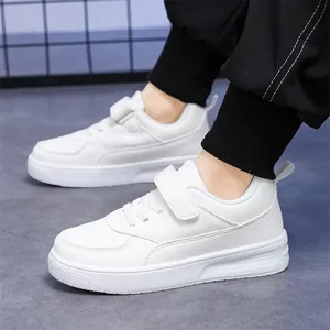 White children's leather low-top sneakers with hook-and-loop strap for school performance