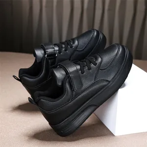 Children's black low-top leather shoes with hook-and-loop straps for school performance