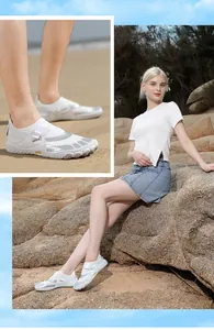 Close-up detail of white breathable five-finger water shoes for beach and snorkeling