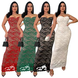 Sexy Spitze Spaghettiträger Maxikleid Für Damen Bodycon Hohl Floral Party Abend Langes Kleid Ärmelloses Patchwork Abendkleid
