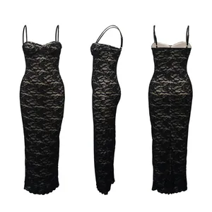 Detailansichten eines sexy schwarzen Maxikleids aus floraler Spitze aus drei Winkeln