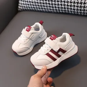 Classic white and burgundy toddler sports sneakers with anti-slip soft soles for kids