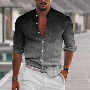 Close-up of men's casual mandarin collar shirt with black and grey gradient pattern