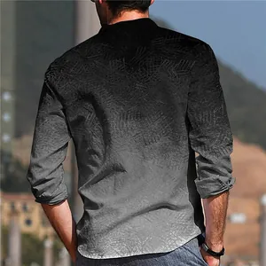 Detailed back view of a men's casual long sleeve shirt with grey gradient pattern