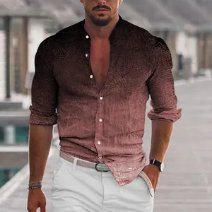 Detailed view of men's casual gradient shirt with stand collar and button-down front