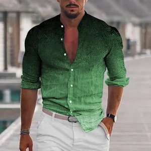 Frontal view of a men's casual green gradient shirt with a stand collar design