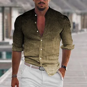Detail of men's casual long-sleeve shirt featuring a textured gradient and stand collar.