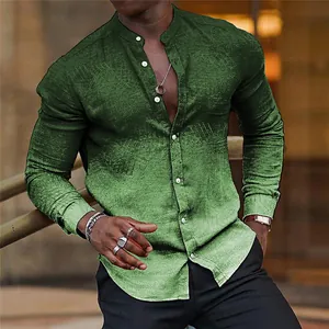 Model wearing a green gradient casual long-sleeve shirt with a stand collar outdoors