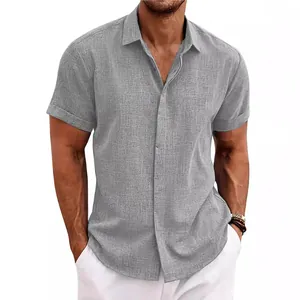 Camicia casual in lino grigio a maniche corte da uomo con tessuto estivo traspirante