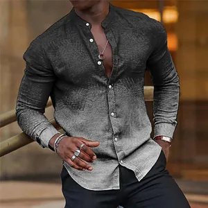 Men Casual Gradient Stand Collar Shirt Long Sleeve Digital Printed Polyester Slim Fit Top For Spring Autumn Fashion