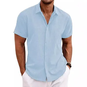 Camicia casual da uomo in lino a maniche corte celeste per l'estate
