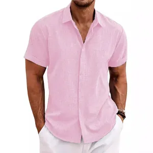 Camicia casual a maniche corte in lino rosa da uomo, ideale per l'abbigliamento estivo