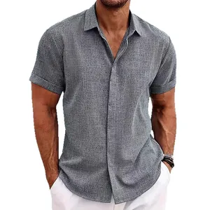 Camicia casual da uomo in lino a maniche corte grigia con un moderno design slim fit.