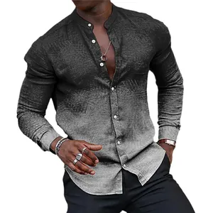 Men's stylish casual long sleeve shirt with gradient grey design and stand collar