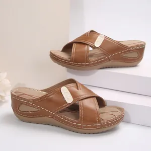 Detailed view of women's retro wedge sandals with contrast stitching and cross straps