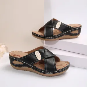 Comfortable vintage black wedge sandals for women featuring elegant contrast stitching